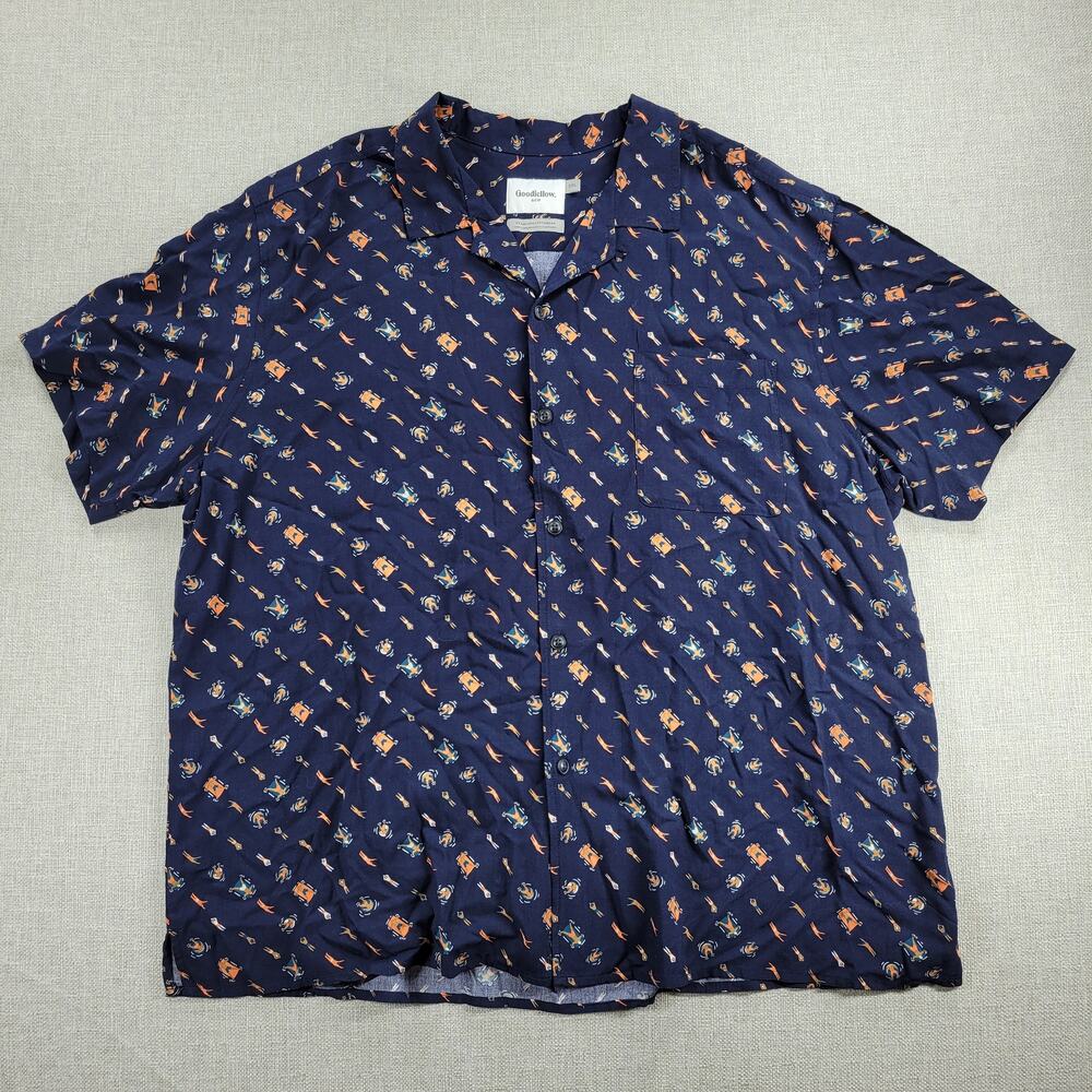 Goodfellow Mens Button Up Shirt Size XXL Navy Swimmer Graphic Rayon Short Sleeve
